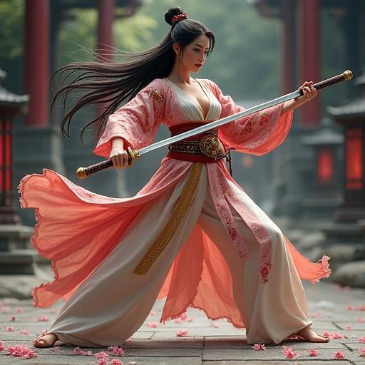 Powerful Mulan-inspired warrior in a dynamic pose. Open fantasy kimono features dragon and cherry blossom details. Long hair styled in an elegant bun with loose strands. Holds a curved sword in an attacking stance. Sharp and determined expression. Outfit subtly reveals cleavage, with dramatic slit in kimono. Gold and red accessories with traditional Chinese motifs. Base has broken lantern and flower petals on stone tiles in an ancient courtyard.