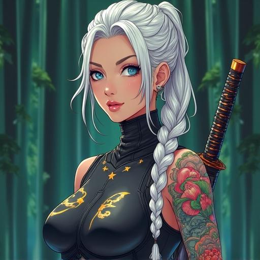 Anime character in futuristic outfit in bamboo forest. Character has frosted blue eyes and light blonde hair styled in long braid. Features colorful tattoos and futuristic katana. Mood is confident and edgy. Night setting with vibrant colors.