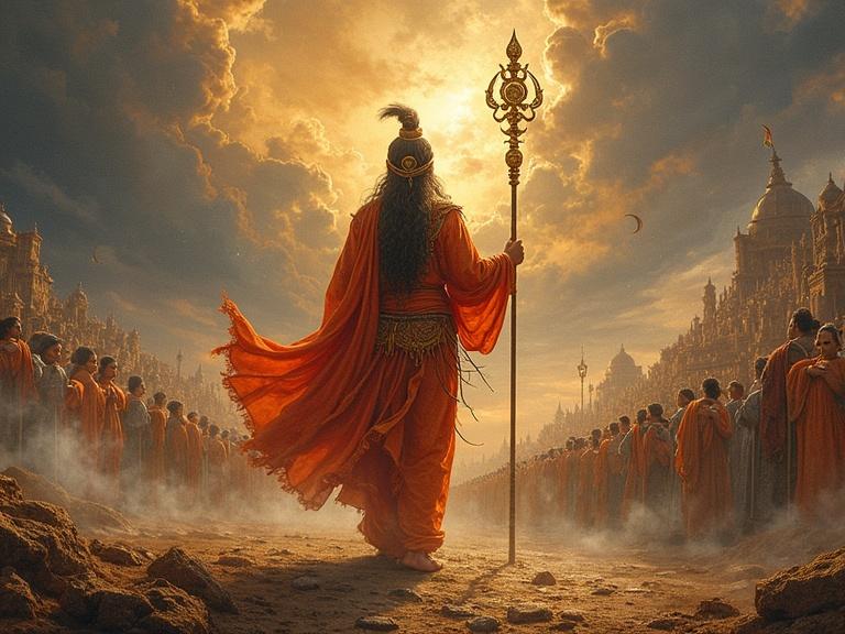 A grand scene inspired by the Bhagavad Gita. A figure in orange robes stands majestically with a staff. Dramatic sky enhances the epic ambiance. Surrounding figures create a sense of reverence and community.