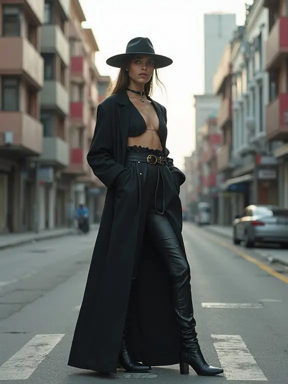 Magazine cover featuring a model showcasing a high fashion outfit on a desolate urban street