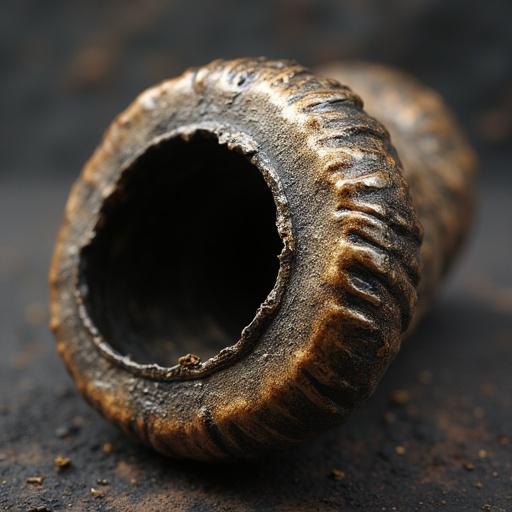 A close-up view of a metallic animal horn showcasing detailed grooves. The horn is textured and worn, with a significant opening at one end, highlighting its craftsmanship and age.