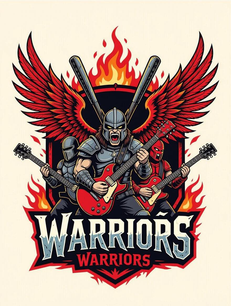 Create a warcry-style emblem for a rock fan community and sports-style league. The design should feature bats wielding guitars, metal fonts, and flaming wings. Utilize a blood-red and black color palette to convey themes of raw power and loyalty. Aim for visuals suitable for patches, jerseys, and banners.