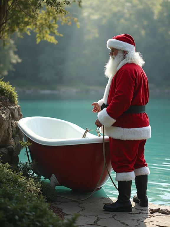 Santa Claus in a bright red and white swimsuit stands by a serene lake in a water park area. He gazes toward the camera with a joyful demeanor. The background is lush with greenery, emphasizing a festive atmosphere.