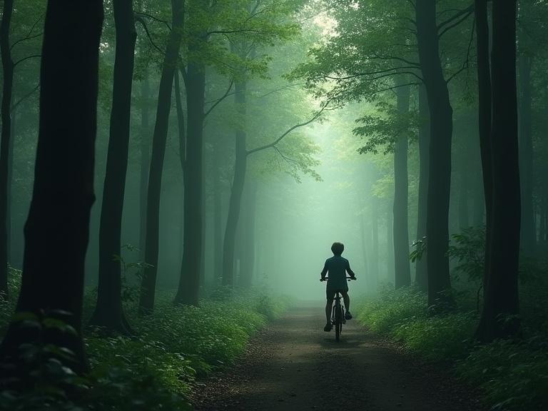 A boy rides a bike in a dense forest. Tall trees surround a narrow path. Soft light filters through the leaves. The atmosphere is mystical and tranquil.