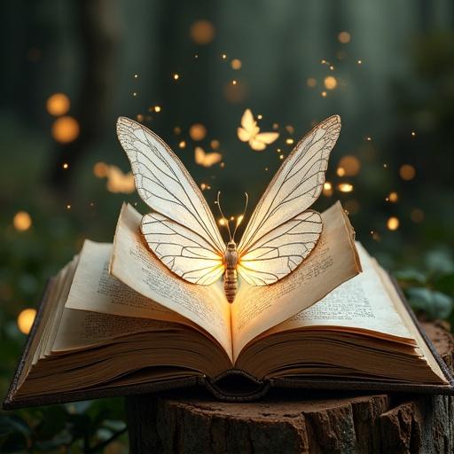 Open magical book with golden butterflies and fairies emerging from the pages on a wooden trunk with a white background. Hyper-realistic style.