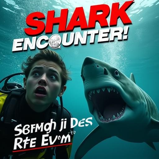 YouTube thumbnail depicting a dramatic underwater scene. Diver appears scared with wide eyes and open mouth. Large menacing shark swims toward diver. Deep blue-green ocean background. Light rays filter from above for depth. Text overlay SHARK ENCOUNTER! in bold red font. Small text Scariest Dive Ever at the bottom. Bright colored dive gear adds contrast. Red glow around shark's jaws. Motion blur on shark's tail for danger effect. Small bubbles for realism.