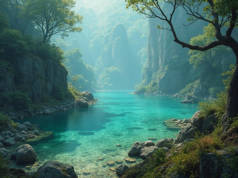 Mysterious lake shrouded in fog with vibrant turquoise water. Surrounded by green vegetation and rocky formations. Ethereal atmosphere with soft lighting.