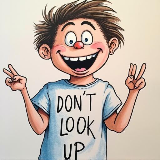 Illustration of a smiling student with a t-shirt. The shirt features a playful text saying 'DON'T LOOK UP.' The character is showing peace signs with both hands.