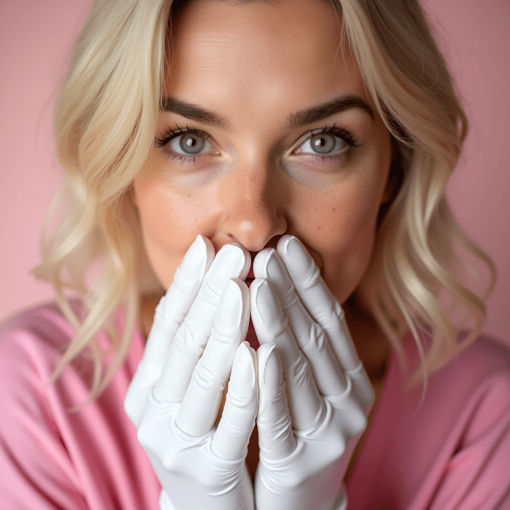 A person in pink playfully covers their face with gloved hands against a pink background.