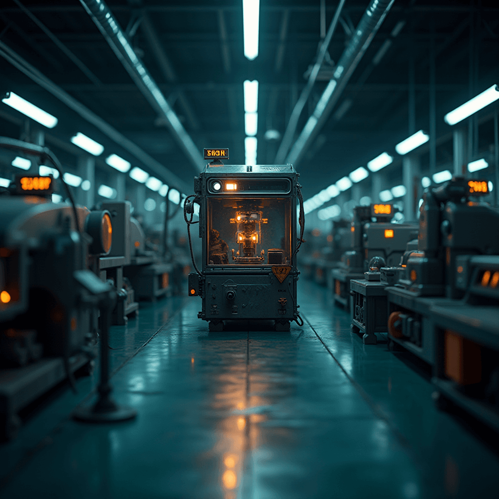 A single machine stands in a dimly lit, industrial setting surrounded by other machinery.