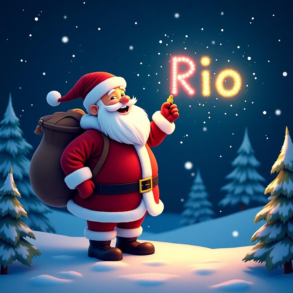 Santa Claus in a red suit and hat holds a glowing pen. He writes the name Rio in sparkling lights. Snow-covered ground with pine trees in the background. Night sky filled with stars.