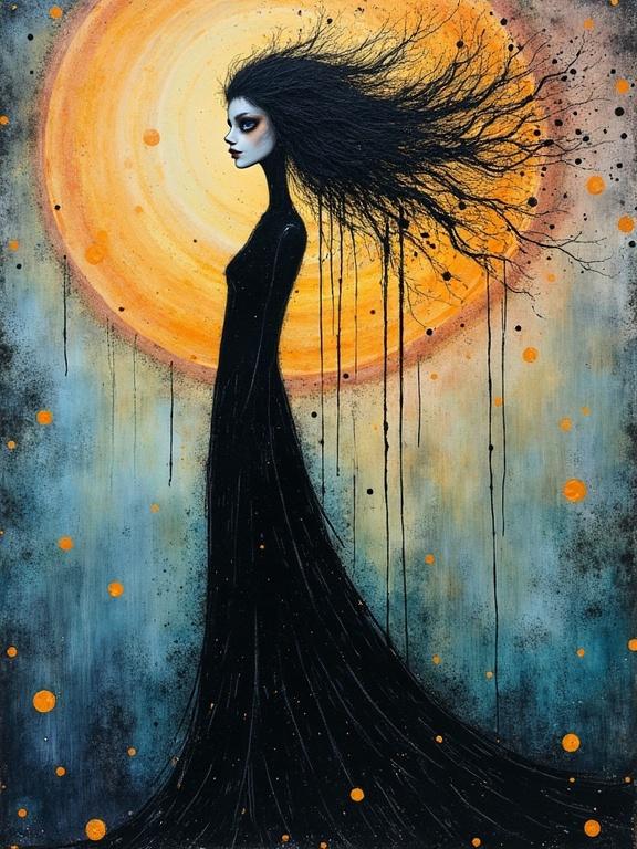A tall willowy figure stands in black against an ethereal landscape. Dark eyes gaze into the distance. Flowing hair dances in the air. Vibrant orange sun casts a surreal glow. Art combines watercolor and alcohol ink styles in a mixed media composition.