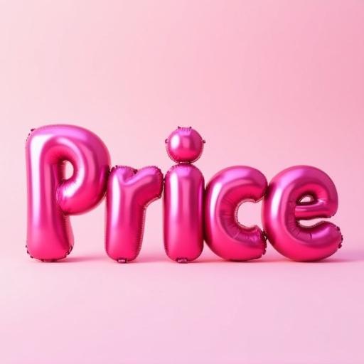 Large 3D balloon-like letters spell the word Price. Letters are vibrant pink. Set against pale pink background. Glossy reflective texture. Playful and bold visual.