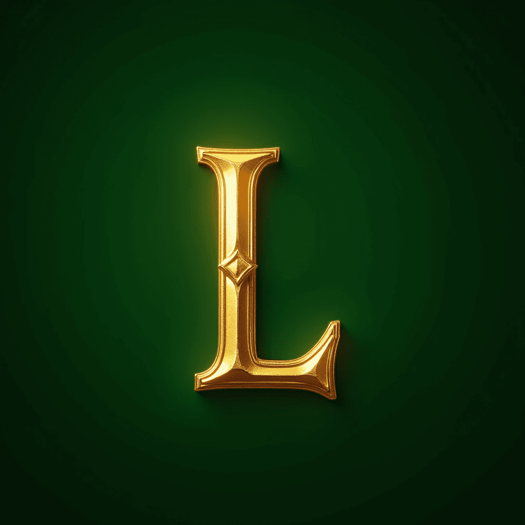 A sparkling golden letter 'L' on a rich green background.