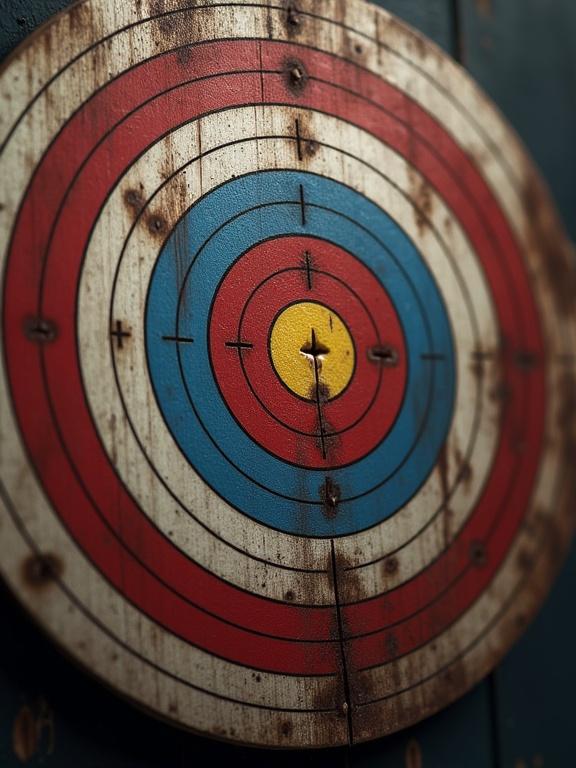 A detailed image of a wooden target with red blue and yellow circles. Focus is on the target's concentric pattern. Ideal for presentations. Emphasis on texture.