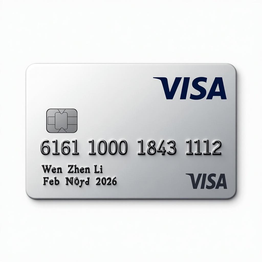 A realistic image of a credit card showcasing its distinct details. The card prominently displays the Visa logo, reflecting a sleek modern design. Its number, 6161 1000 1843 1112, is easily visible below the logo. The cardholder's name, Wen Zhen Li, is aligned accurately. An expiry date of February 2026 is noted at the bottom. The overall appearance is clean with a silver background and bold black font, representing a standard credit card used for diverse financial transactions.