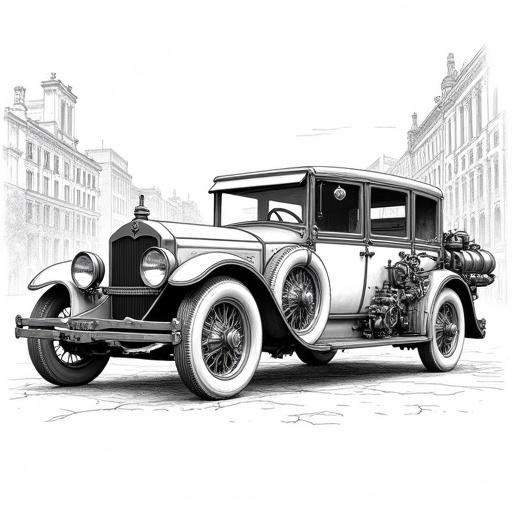 Black and white line art of a vintage 1910s-1920s town car or limousine modified with steampunk enhancements. Car features enclosed rear passenger compartment open driver's area. Exposed mechanical components such as auxiliary engine boiler system with intricate piping and gears. Prominent headlamps spoked wheels. Lightly sketched urban background with period buildings. Classic automotive illustration with imaginative steampunk detailing.