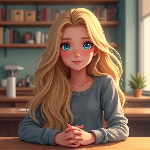 A digital illustration of a young woman with long blonde hair and blue eyes in a café. She is wearing a gray sweater and has a serene expression. Her hands are clasped on a table. The background features blurred bookshelves and furniture with a warm lighting.