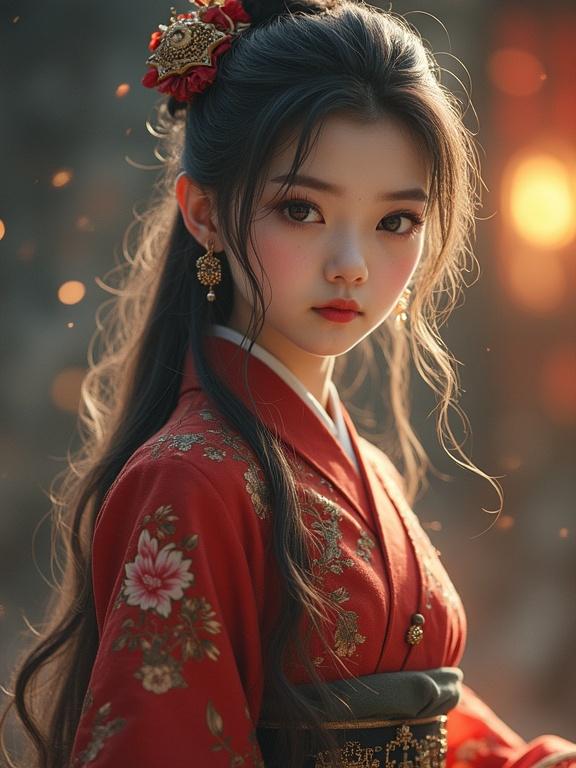 Woman in traditional attire with red colors. Long black hair styled elegantly. Background hints at a cultural setting. Focus on facial expression and outfit details.