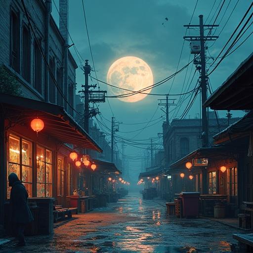 Abandoned market in a post-apocalyptic setting. Anime-inspired style with a full moon in the background. Streets lined with shops, dimly lit by lanterns. Power lines overhead. Cloudy sky.