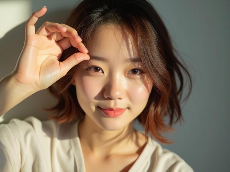 Portrait photography style of young Asian woman with short brown hair. One hand raised to forehead blocking sunlight. Faint smile visible. Half-body shot slightly backlit.