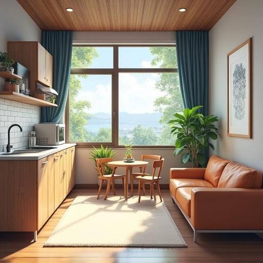 Small modern student apartment showcasing a kitchen, a sofa, and a TV room. Features a wooden window framed view. No chairs present. Anime style.