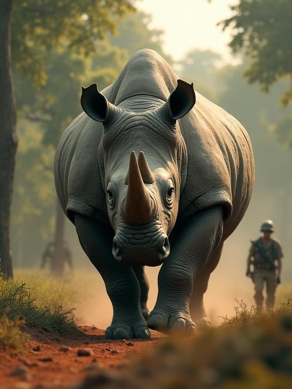 A rhinoceros in a Vietnam jungle clearing appears mid-stride. Shot using a Canon EOS R5. The camera is low-angle, giving an awe-inspiring view. Natural sunlight creates gold tones with shadows across the rhino's skin. A massive rhino appears realistic and organic, resembling a white rhinoceros. The rhino has a Huey helicopter cockpit fused into its snout, with a visible HUD. A helicopter rotor mast rises from its back, functional and bolted into place. Soldiers in olive fatigues stand in shock, with smoke and a broken supply crate behind them. The scene resonates with the theme of nature and machinery intertwining.