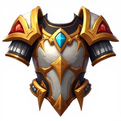 Icon of a legendary breastplate. Features gold and white with red, black, and blue accents. Designed for a card game. Style similar to World of Warcraft. Size is 48 x 48 pixels with a transparent background.