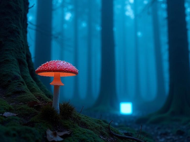 Spooky forest at night with ancient trees. Blue mist illuminates an eerie glowing red mushroom with white spots on the left. Thick air filled with sounds of unseen creatures. Tall trees bathed in blue light. Fog creates depth and obscures background. A close up of a branch. Background has a small blue cube illuminating the environment.