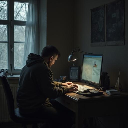 A man dressed in a black hoodie sits at a desk in a dark room. He is using a computer. A winter night is visible through the window. Soft glow from the computer illuminates the workspace.