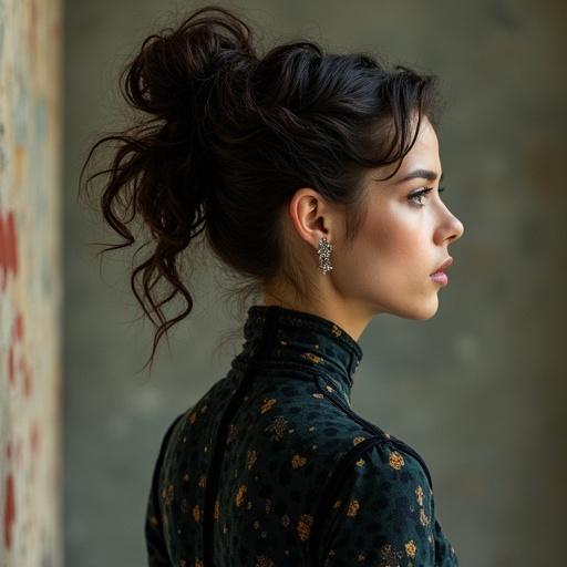 Portrait of a woman with elegant hairstyle. She wears earrings and has a sophisticated expression. The background is slightly blurred with a textured wall.