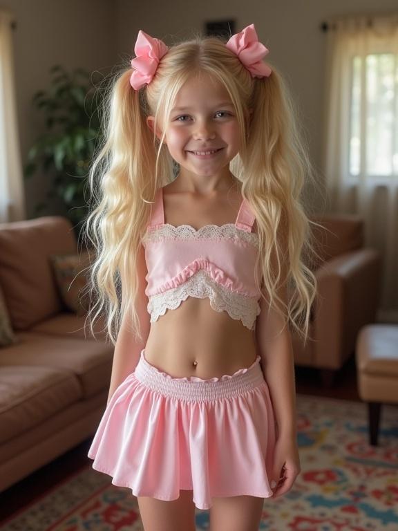Young girl with long blonde hair and pink bows standing inside a living room. She has a slim waist and is smiling. Wearing a crop top and a low-rise skirt with thigh-high socks. Colorful rug underneath. Birthday party atmosphere.
