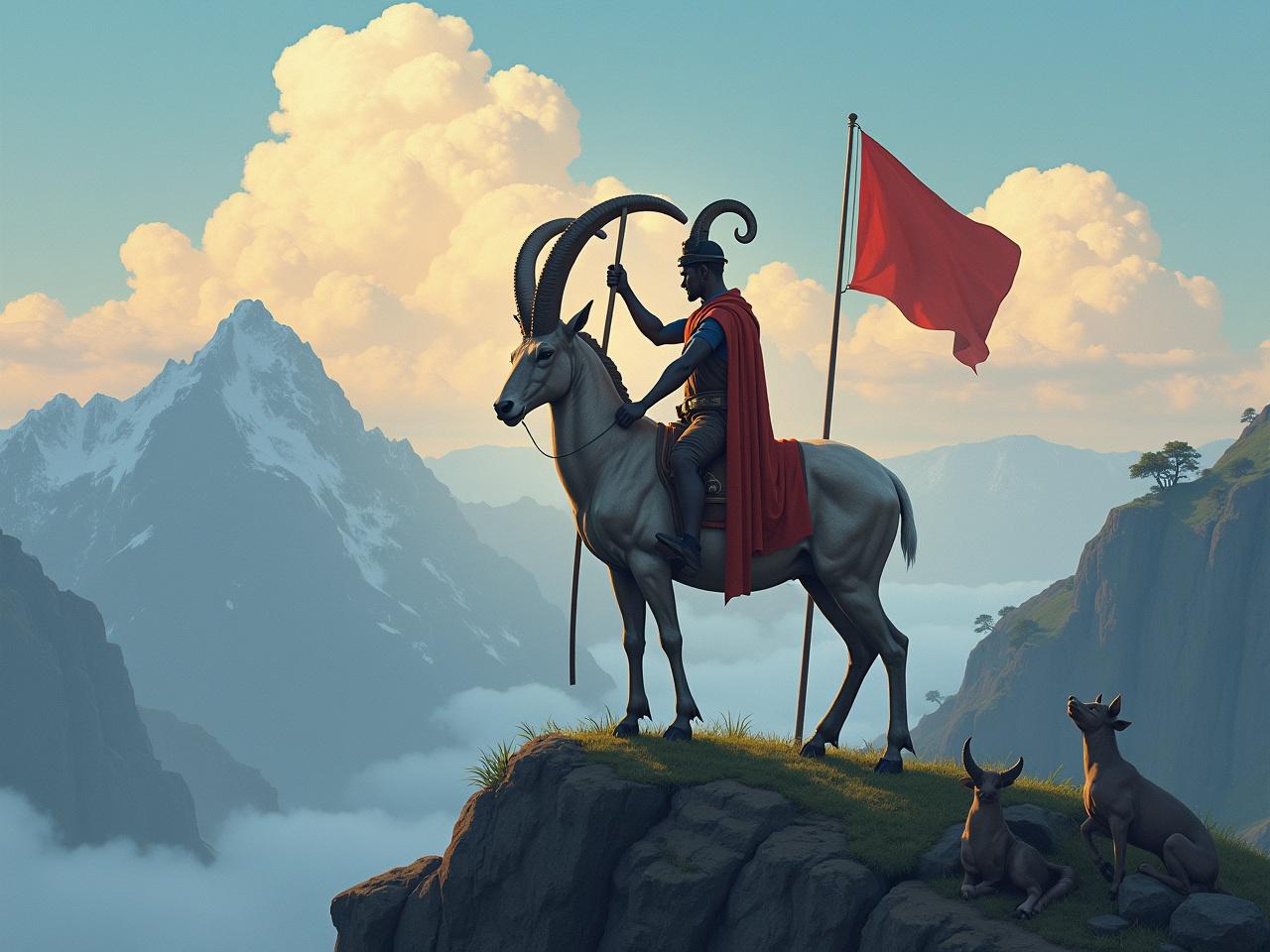 A majestic scene featuring Lord Ram, a revered figure from Hindu mythology, standing confidently atop a mountain. He is characterized by his regal attire and a vibrant red flag held high. The expansive landscape showcases lush valleys and towering peaks in the background, with fluffy, soft clouds adding depth to the sky. Accompanying Lord Ram are loyal dogs, emphasizing companionship and loyalty. This image captures a blend of nature's beauty and mythological significance, evoking a sense of adventure and reverence.