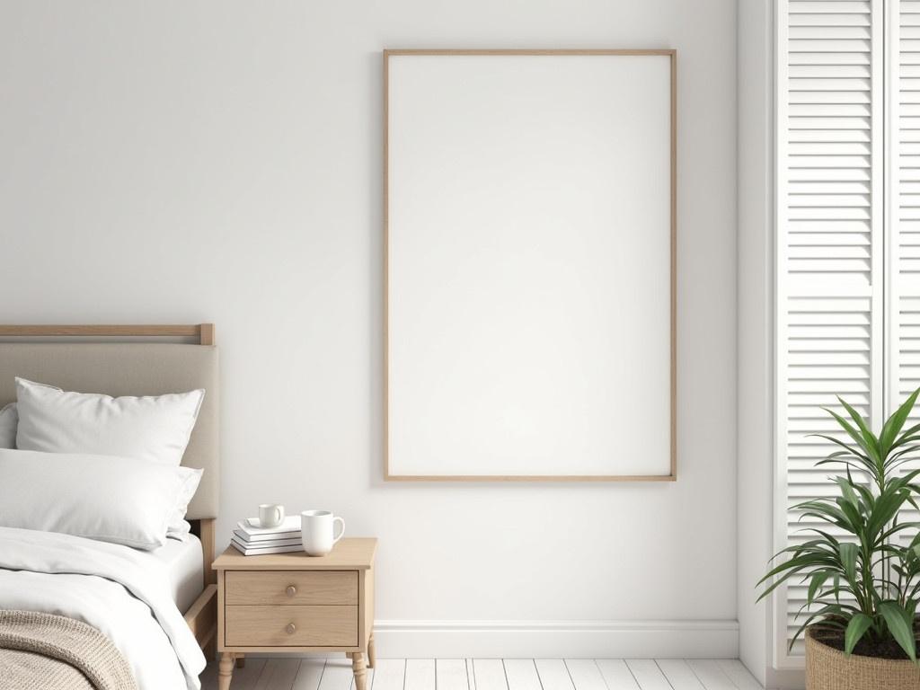 This image shows a serene and minimalistic bedroom interior. The bed is neatly made with white linens and a soft blanket draped over it. Next to the bed is a small wooden nightstand, which holds a cup and some books. The walls are painted in a soft white color, accentuating the cozy vibe of the room. On the wall opposite the bed, there is a large empty picture frame, inviting personal decoration. A tall cabinet with white louvered doors adds a touch of storage without overwhelming the space. Lastly, a bit of greenery is provided by a small plant in the corner, adding a fresh touch to the tranquil environment.