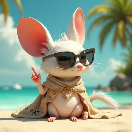 3D rendering of a humorous squirrel character in a pastel beach scene. Character has long hair, printed headband, beige robes, black sunglasses, and is making a peace sign. Scene includes white sand, turquoise waters, swaying palms under warm sunlight. Soft waves and tropical birds in clear sky. Text 'FM challenge' at the top and signature 'Babydolll' at the bottom.