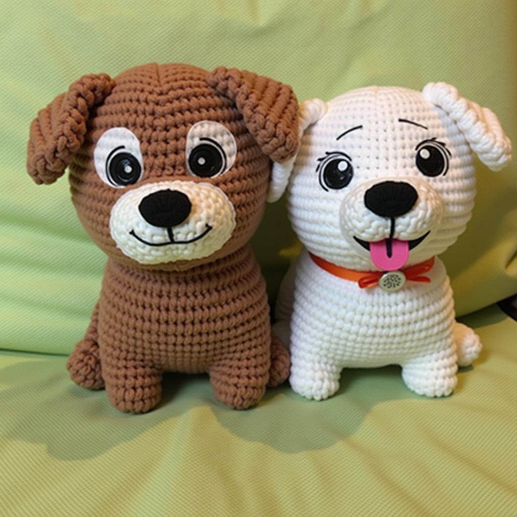 This image features two adorable crocheted dog plush toys, Kora and Lola. Kora is a brown dog with big eyes and a cheerful expression, showcasing a rounded body and floppy ears. Beside Kora is Lola, a white dog with a pink tongue and a charming smile, accented by a red bow. The plushies are placed against a soft green background, enhancing their vibrant colors. They are perfect for children's playtime or as decorative items for dog lovers.