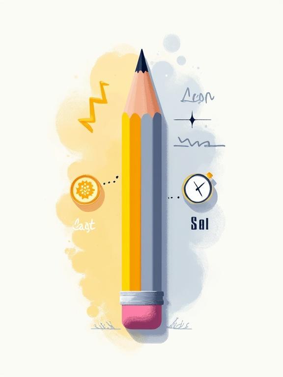 An illustration of a split pencil with contrasting colors, one side vibrant yellow representing speed and intuition, the other side neutral gray symbolizing reflection and analysis. Incorporates time symbols, textures, and a minimalist aesthetic with soft gradients and wave-like patterns.