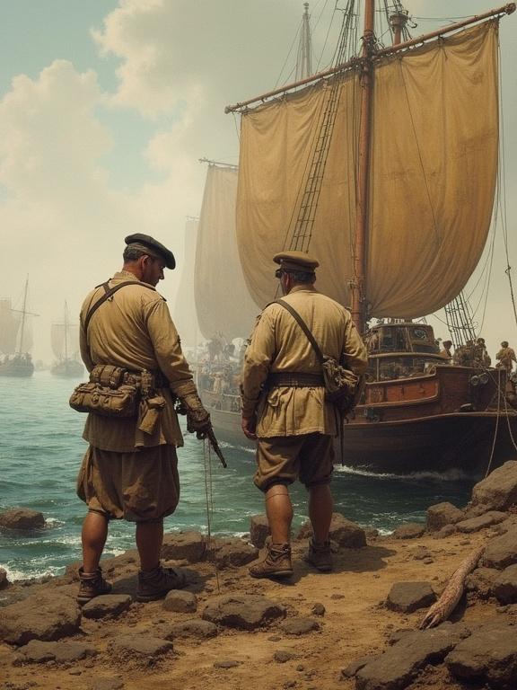 Scene depicting the Battle of Damietta. Two soldiers dressed in historical military uniforms stand by the shore observing large sailing ships in the background. The atmosphere is nostalgic with a hint of tension, reflecting a naval battle from history.