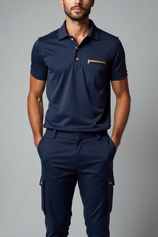 Full body image of a man dressed in dark blue polo shirt featuring a zippered pocket with gold accents. He wears matching dark blue cargo pants with side pockets. Designed for luxury hotel staff representation. No button on any pockets.