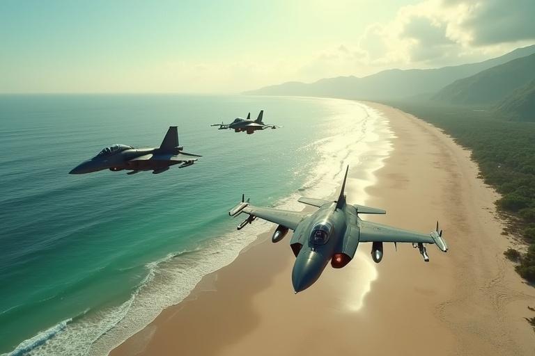 Aerial view of three military fighter jets in formation over an empty beach. Jets have missile mounts and machine guns. Beach has faint footprints with calm ocean beside it. Jets leave vapor trails as they fly. Scene captures power and military presence in a peaceful setting.