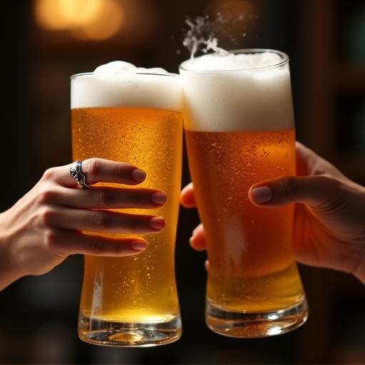 Cinematic close-up of two clinking beer glasses. Glasses filled with golden bubbles and foam. Fresh foam runs down sides. Hands shown are one female and one male. Female has unpolished nails and silver lion’s head ring. Male hand is also visible. Warm lights illuminate joyous scene. Background is dark and blurred.