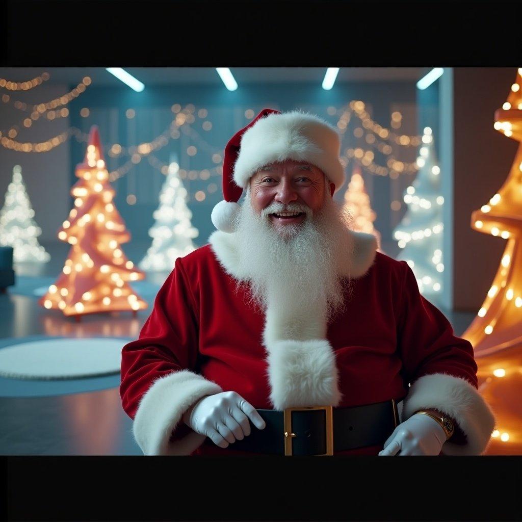 Cinematic video featuring Santa Claus in a modern festive environment. Surrounded by glowing decorations and visual technology. Smiles and nods with holiday cheer. Text overlay displays warm wishes for Christmas and New Year.