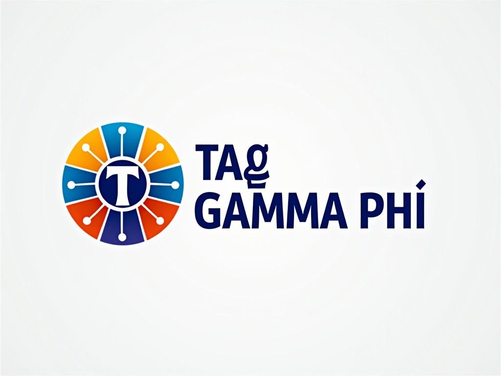 The image showcases the logo of Tau Gamma Phi, featuring a vibrant circular design. The logo's colors are blue, orange, and yellow, arranged in a way that draws attention. At the center, there's a letter 'T' symbolizing the name. Surrounding the 'T' are lines connecting to the circular edge, suggesting unity and connection. This logo is representative of a community-focused organization and is suitable for branding, merchandising, and promotional materials.