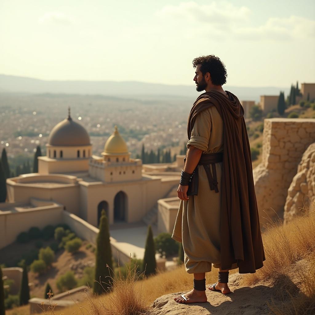 Jewish rebel on a hill overlooking Jerusalem in 40 BC. Photorealistic clarity with no modern elements. Wearing earth-toned tunic and cloak. Bright sunlight on historical buildings and sparse vegetation.