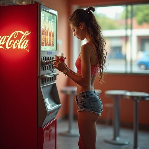 Teenage girl interacts with soda machine. She wears short shorts and enjoys drink. Scene captures youthful energy and casual atmosphere.