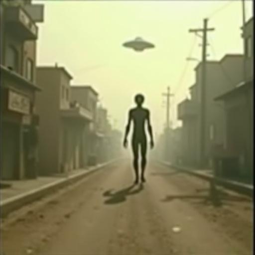 A low resolution photo from 2004 showing an alien walking on an Egyptian street with a UFO in the background. The image is grainy and pixelated, typical of early cameras. The atmosphere is hazy and mysterious, reflecting spontaneous capture of the anomaly.