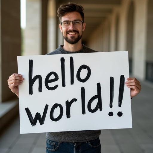 A person stands holding a large sign that reads 'hello world!!'. The setting has an architectural backdrop with arches. The person appears excited and is wearing casual clothing.
