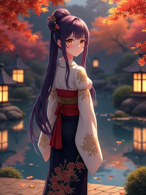 Full-body anime-style female character in Japanese garden at night during autumn. Long dark violet hair in updo secured with kanzashi. Golden-yellow eyes and calm expression. Luxurious kimono with white sleeves, golden chrysanthemum patterns, black base, deep red obi. Near koi pond with falling maple leaves, warm glow from lanterns. Peaceful and magical atmosphere with reflections in water.