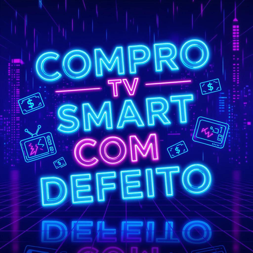 Vibrant neon cyberpunk-style advertisement with text 'COMPRO TV SMART COM DEFEITO'. Glowing neon 3D text in electric blue and pink. Surrounded by 3D hologram icons like broken TV and digital money symbols. Dark cityscape background with purple and teal lighting and digital rain effects. Text must be legible and well rendered.