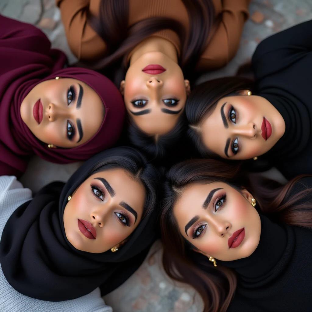Generate images of several Scottish-Pakistani Muslim female teachers with large dark brown eyes and thick eyebrows lying on the ground with serious expressions. They should have black hair in varying hairstyles, dark skin, and wide open eyes.